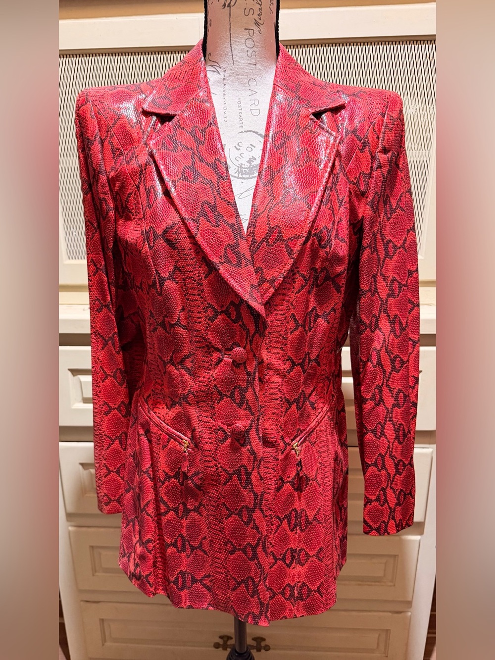 VTG Escada Red Python Snakeskin Embossed Leather Jacket